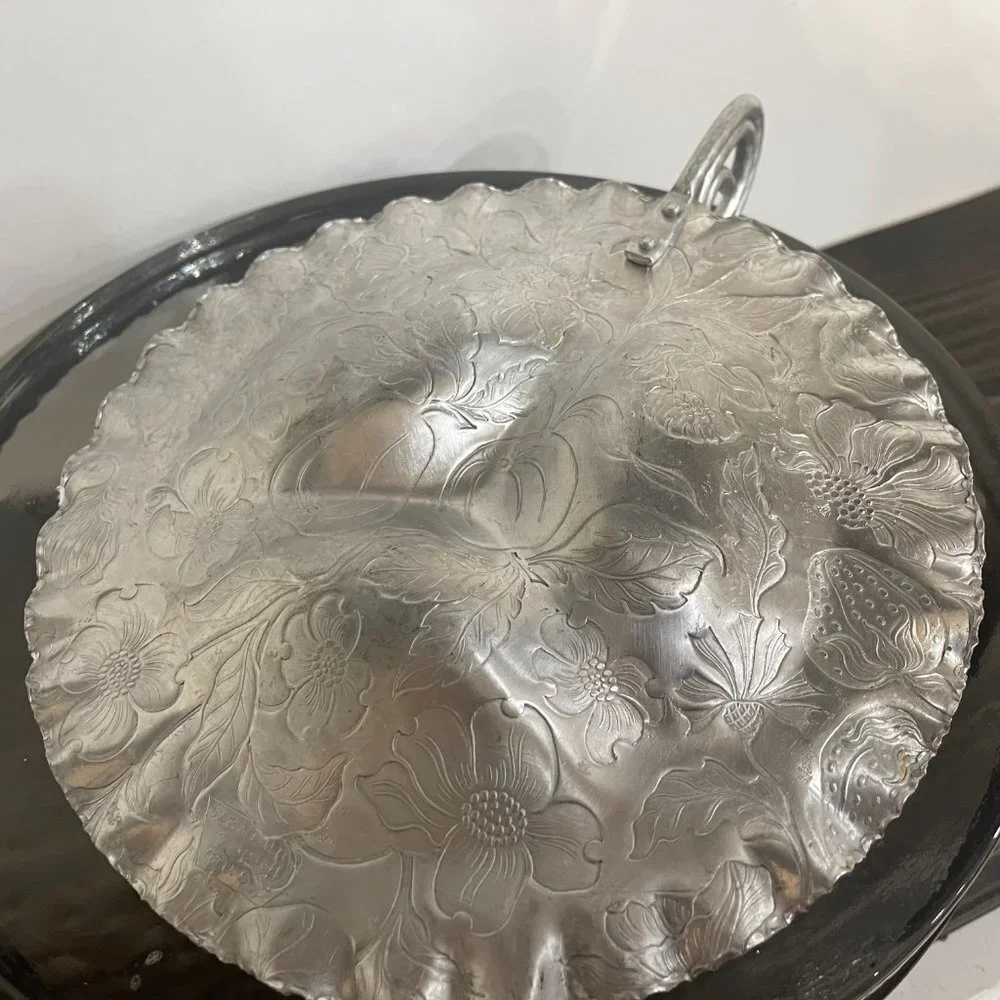 Vintage Hand finished Aluminum round 9” Vintage Tray Embossed Design w/handle
